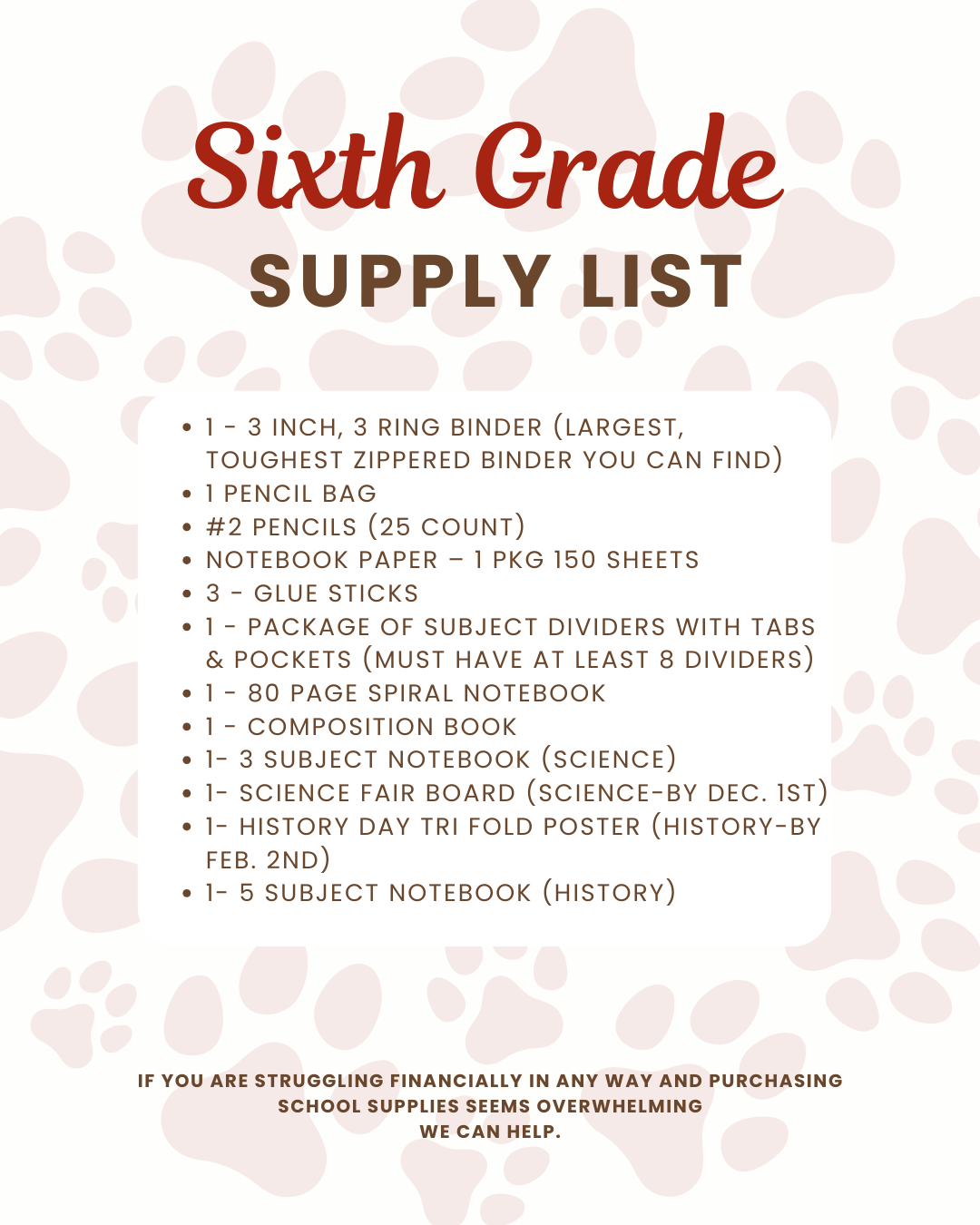 Sixth Grade Supply List