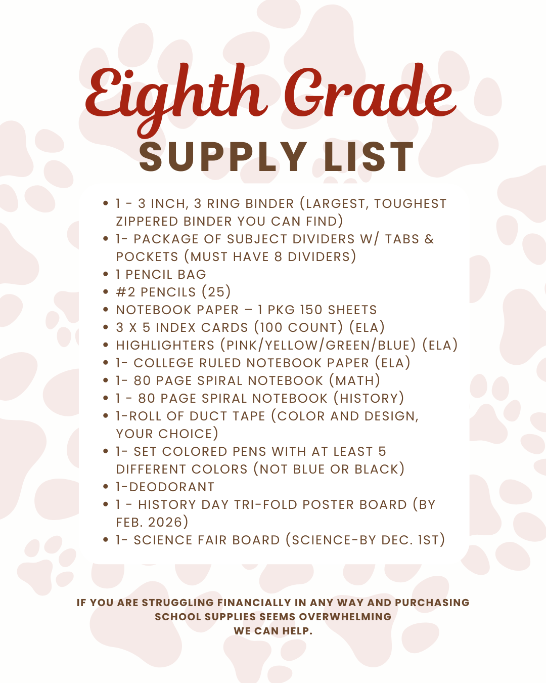 Eighth Grade Supply List