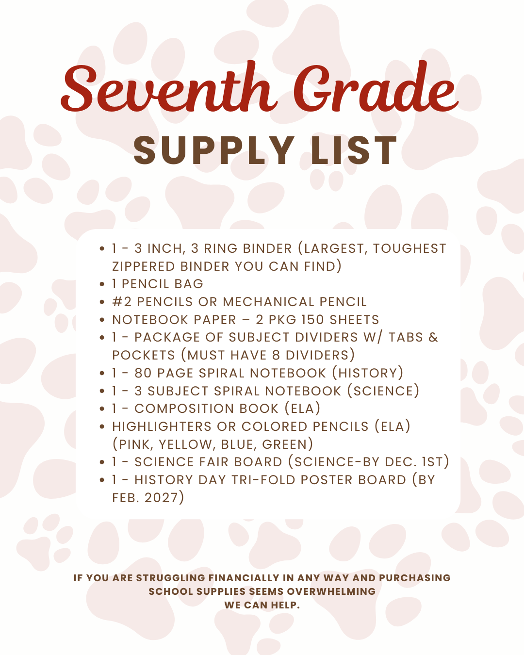 Seventh Grade Supply List