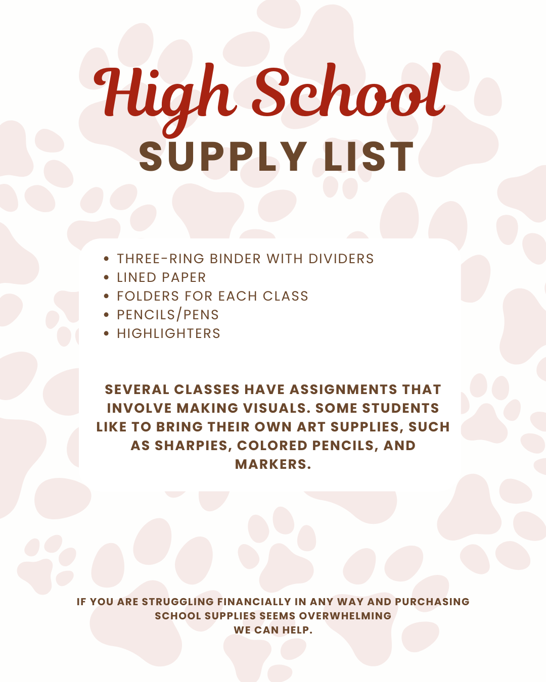 High School Supply List