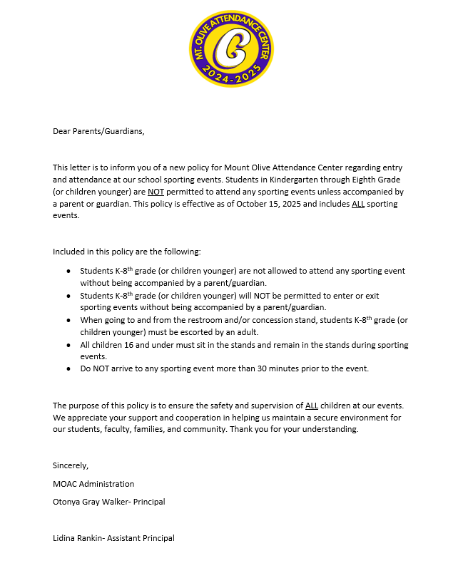 Parent Letter Regarding Athletic Events