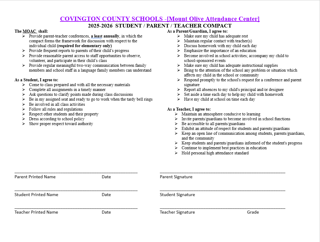 All students will be receiving this compact. All students and their parent/guardian need to sign and return it.