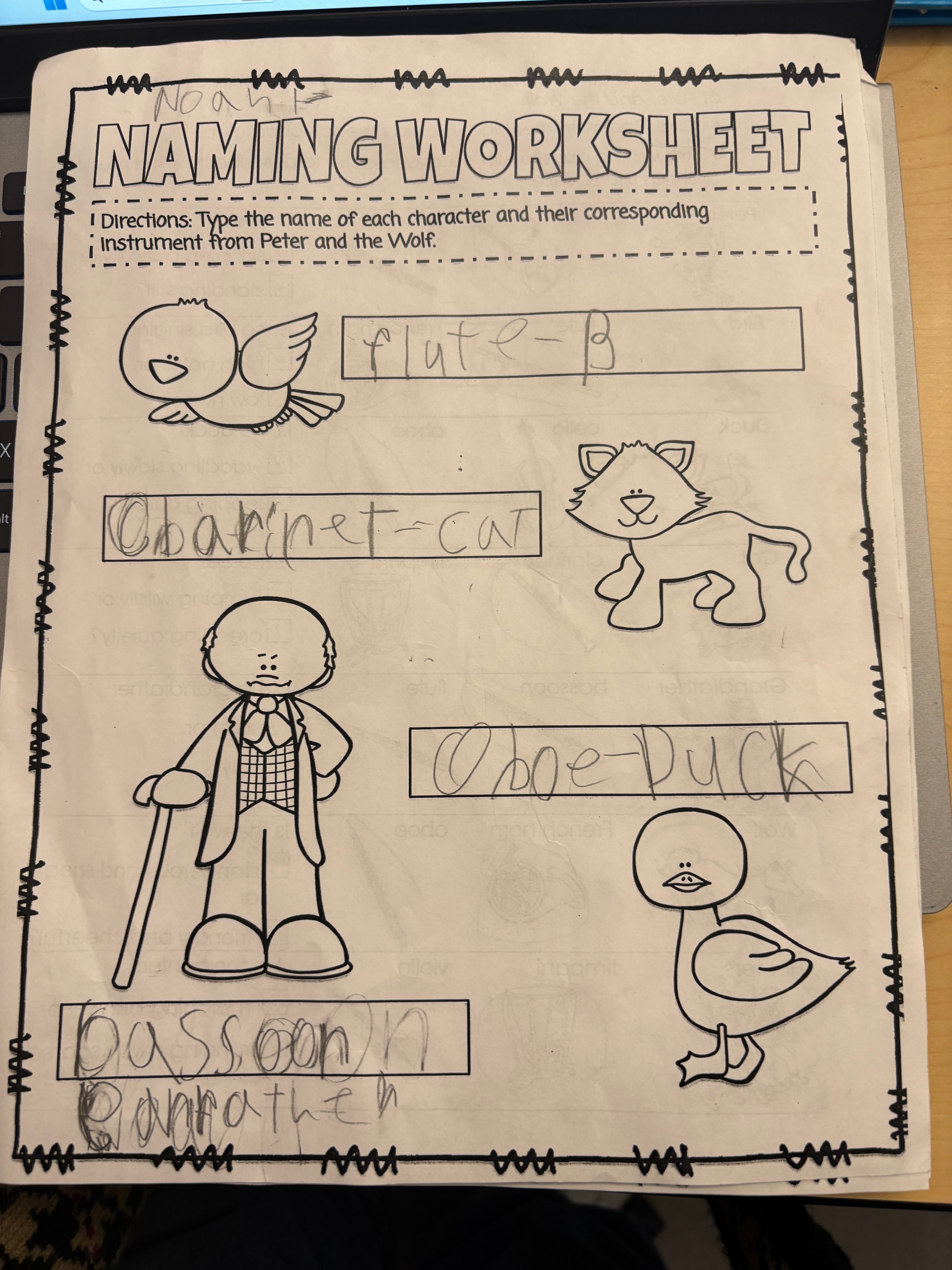 Worksheet on instrument naming for story