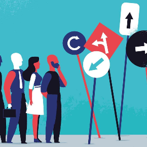 colored image of people trying to make a decision.