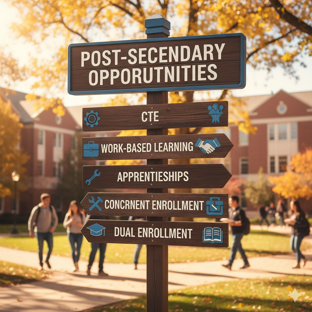 An informational wooden signpost stands on a college campus path in autumn, under the heading "POST-SECONDARY OPPORTUNITIES." Below it, several directional signs point to different paths: "CTE," "WORK-BASED LEARNING," "APPRENTICESHIPS," "CONCURRENT ENROLLMENT," and "DUAL ENROLLMENT," each with a relevant icon. Blurry students walk in the background.