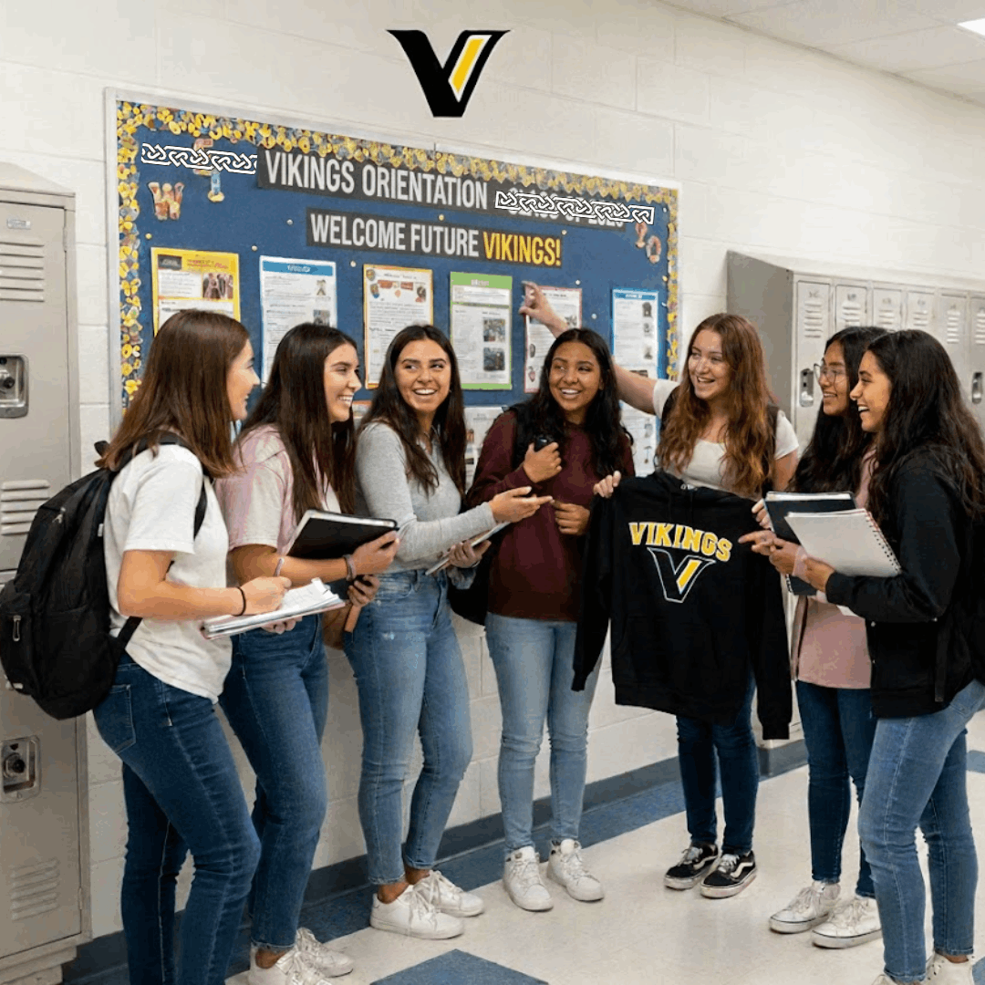 group of students standing in front of a bulletin board