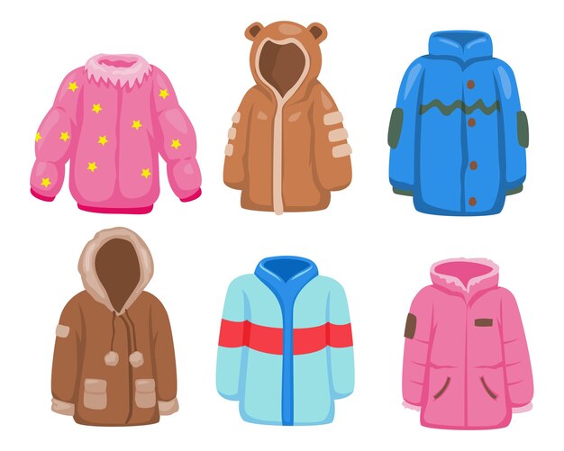 Six various cartoon-style winter jackets.