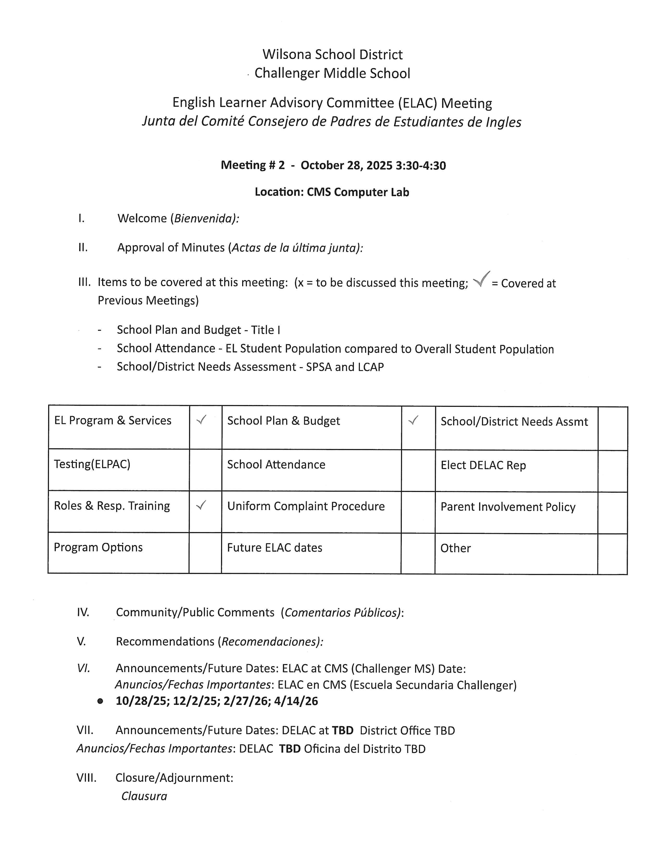 This is the agenda for the 10/18/2025 ELAC  Meeting.