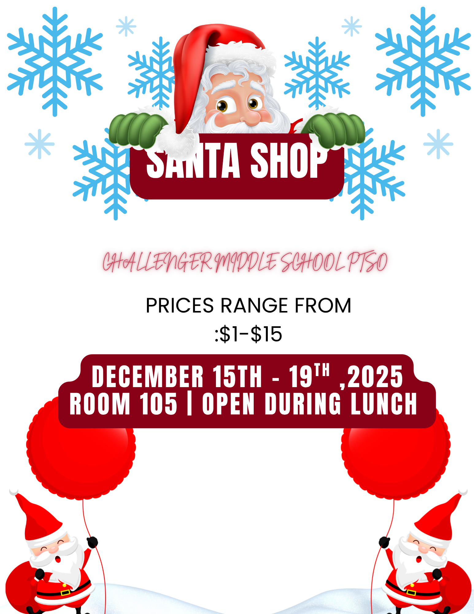 Santa Shop flyer, with santa holding a sign and a christmas themed backkground.