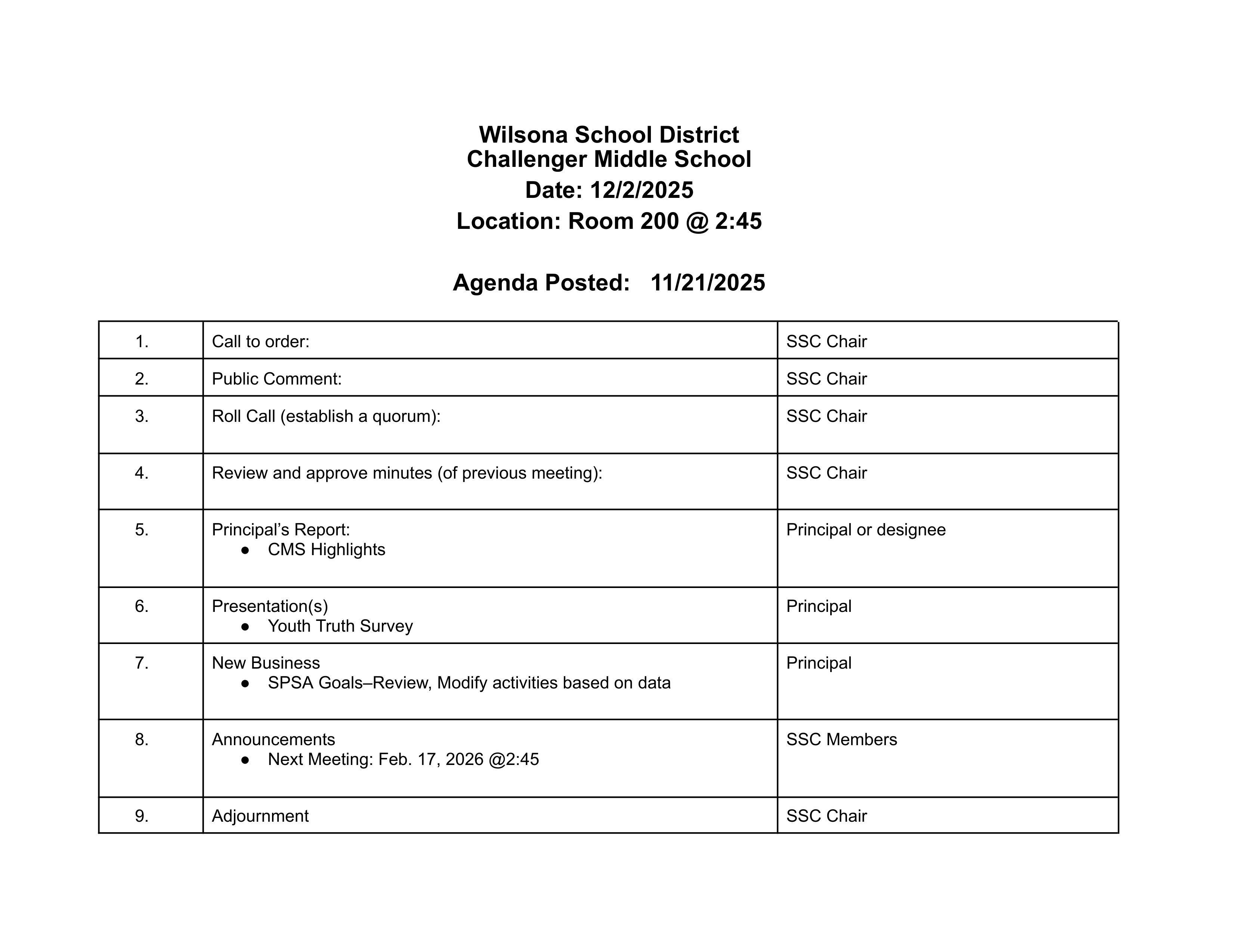Agenda for the 12/02/2025 School Site Council Meeting