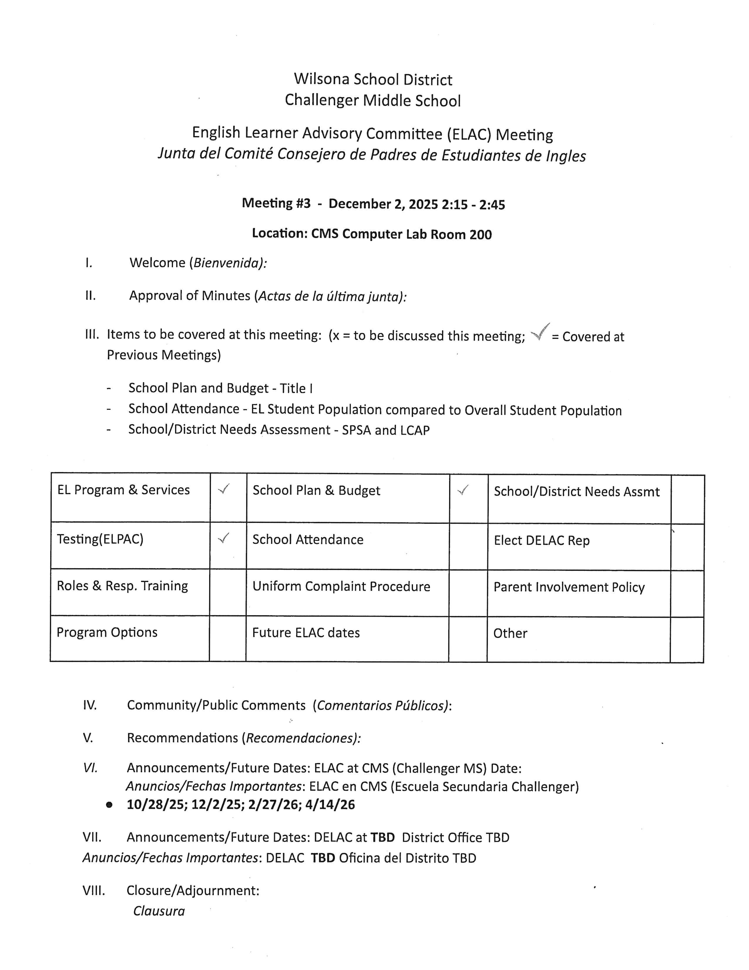 Agenda for the 12/02/2025 ELAC meeting