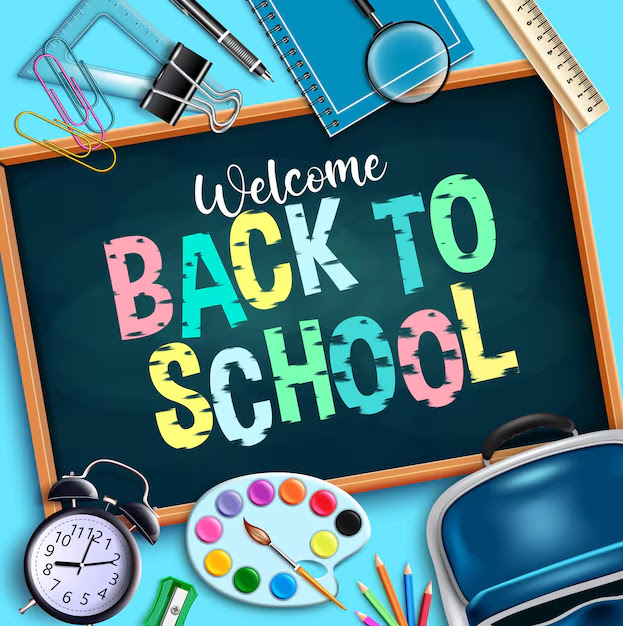A blackboard with "Welcome Back to School" written in colorful letters, surrounded by school supplies.