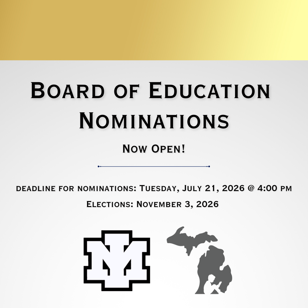 n informational announcement graphic with a gold gradient top banner and a light grey background.  The central text reads: > "BOARD OF EDUCATION NOMINATIONS Now Open! Deadline for nominations: Tuesday, July 21, 2026 @ 4:00 PM Elections: November 3, 2026"  Visual elements: > Below the text are two dark grey icons. On the left is the Iron Mountain Public Schools interlocking "IM" athletic/district logo. On the right is a silhouette map of the state of Michigan, with a cutout silhouette of a child sitting and reading a book inside the Lower Peninsula.