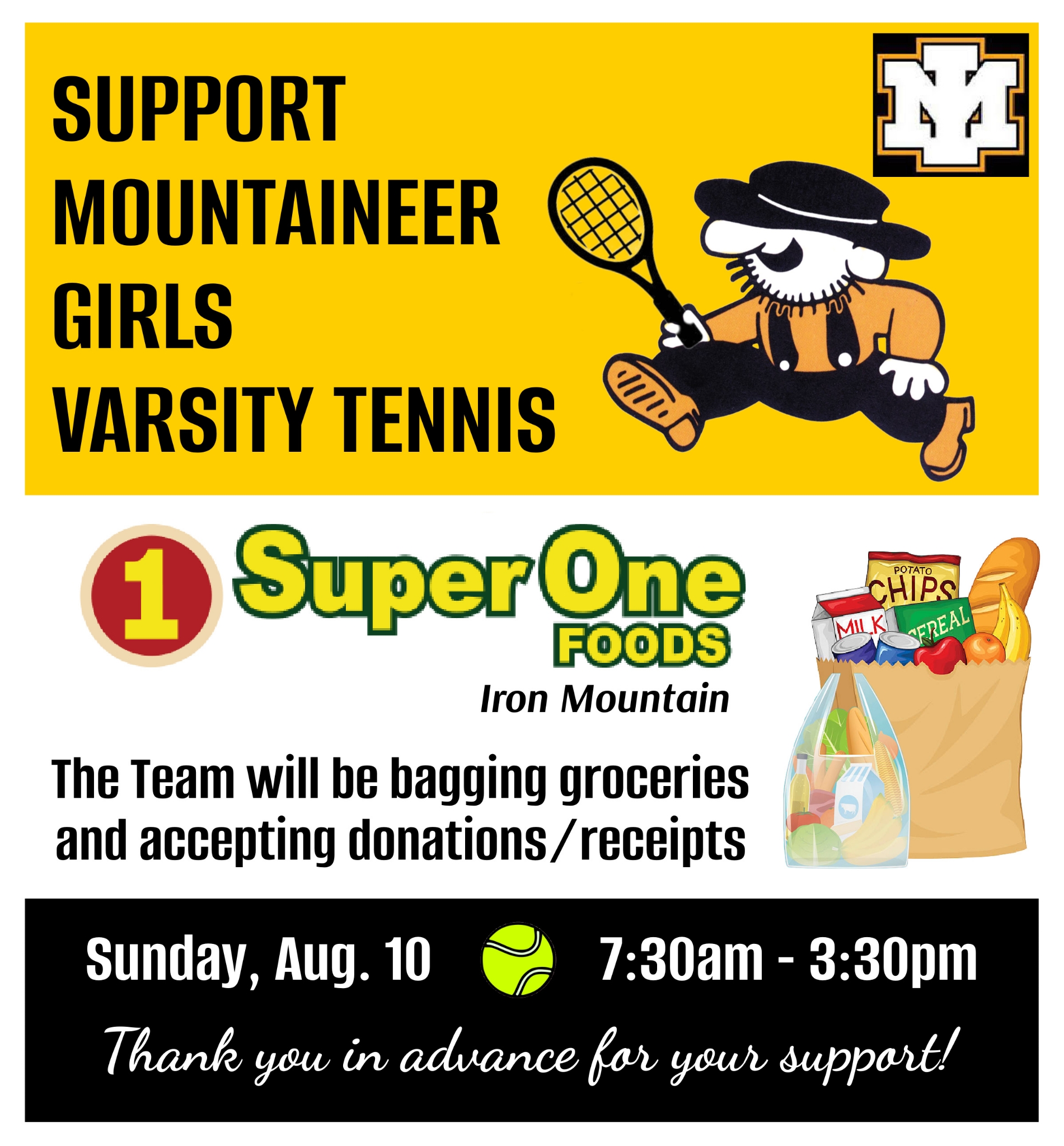 Mark your calendars- support Girls Varsity Tennis on Sunday, August 10 at Super One Foods!