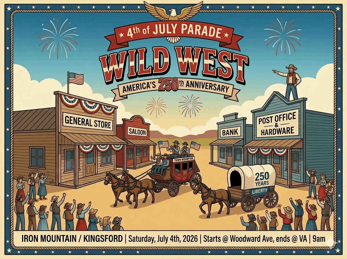 A vintage-style illustration promoting the "Wild West" 4th of July Parade in Iron Mountain/Kingsford, celebrating America’s 250th Anniversary. The artwork features a classic Western town with a General Store, Saloon, Bank, and Post Office. In the street, a horse-drawn stagecoach carries musicians, followed by a covered wagon labeled "250 Years" and "Liberty." Crowds in period attire wave from the sidewalks under a blue sky with fireworks and a soaring bald eagle.  Event Details:  Date: Saturday, July 4th, 2026  Time: 9:00 AM  Route: Starts at Woodward Ave, ends at the VA.