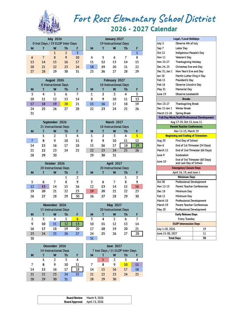 Calendar with important dates for families, students and staff