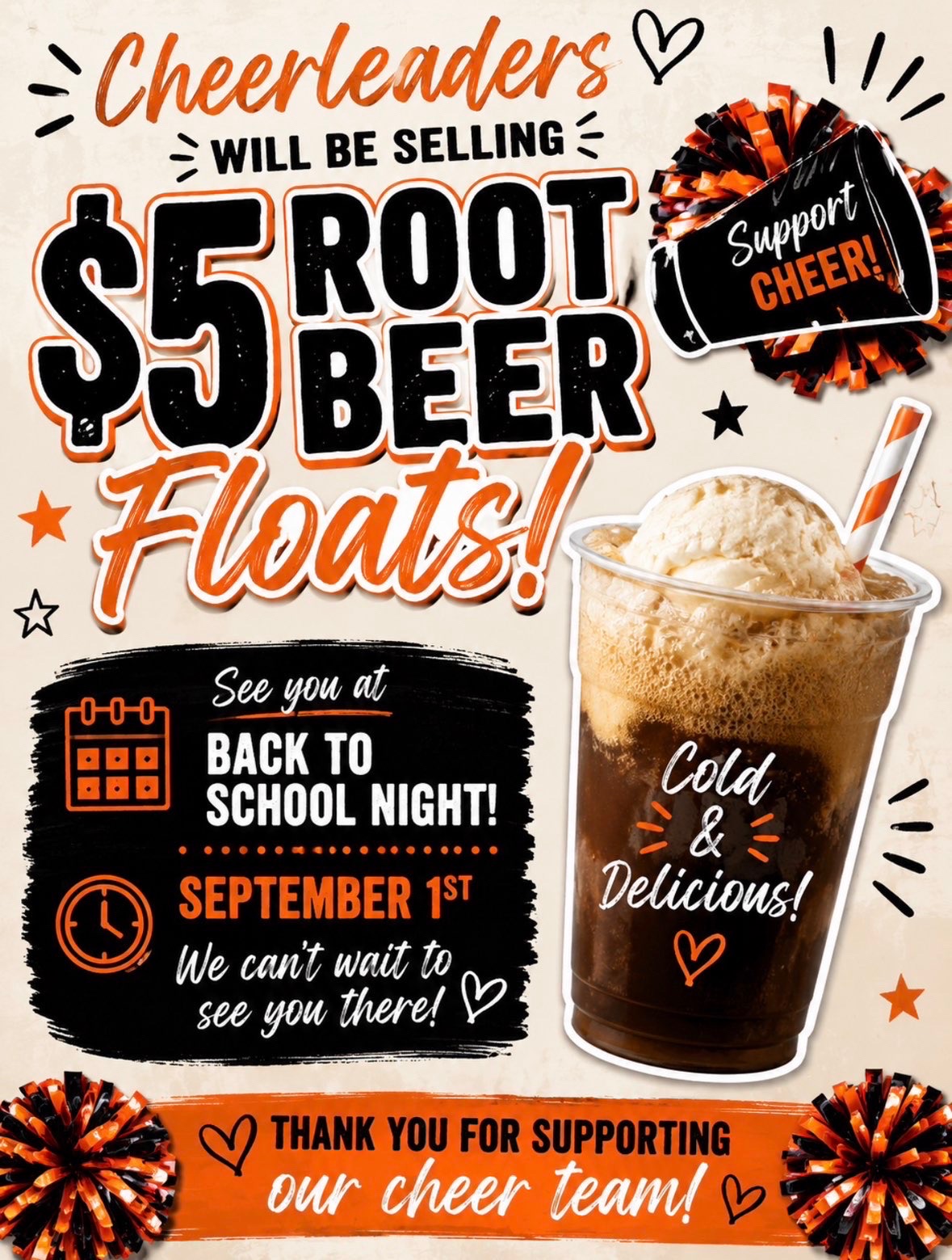 $5 root beer floats for sale at back to school night, profits go to the cheerleaders