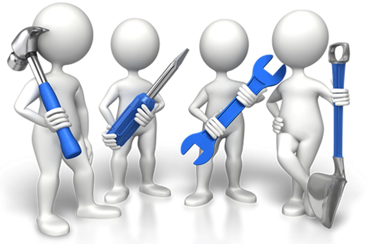 four generic looking workers holding tools.