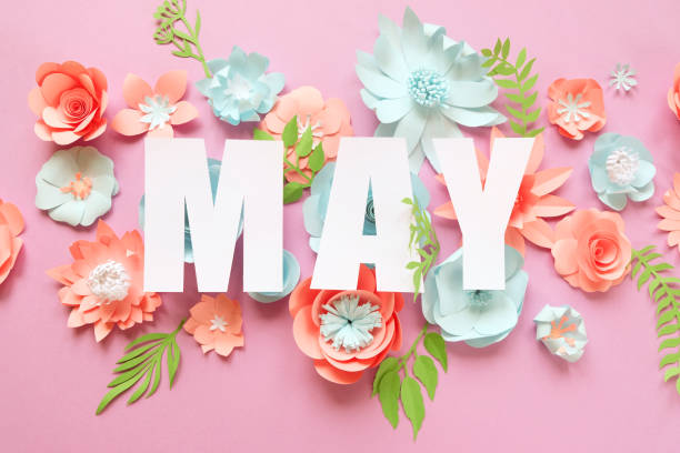 Large white block letters spelling "MAY" centered on a pastel pink background, surrounded by various handcrafted paper flowers and green leaves in shades of peach and light blue.
