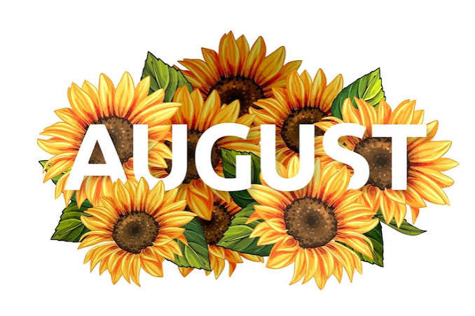 The word August surrounded by sunflowers