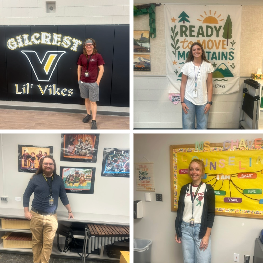 bottom right corner there is A female counselor standing in front of a colorful bulletin board.bottom Left corner A male music teacher with long hair standing next to a xylophone in a classroom.Top right corner A female teacher standing in front of a banner that reads "Ready to Move Mountains.In the top left corner A smiling male teacher standing in a gym in front of a Gilcrest Lil' Vikes wall logo.