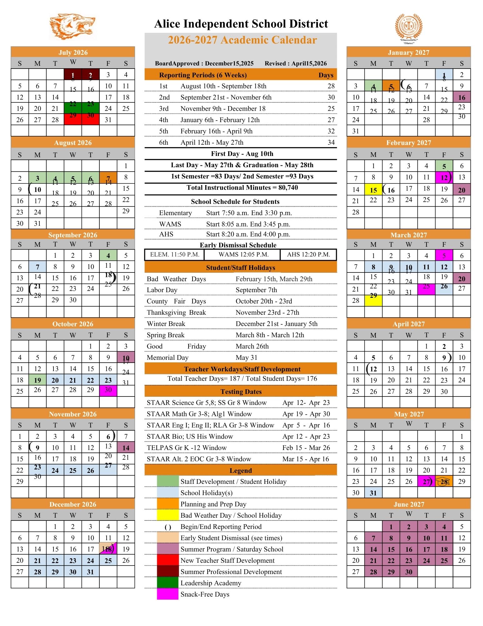 2025-2026 Alice ISD Academic Calendar