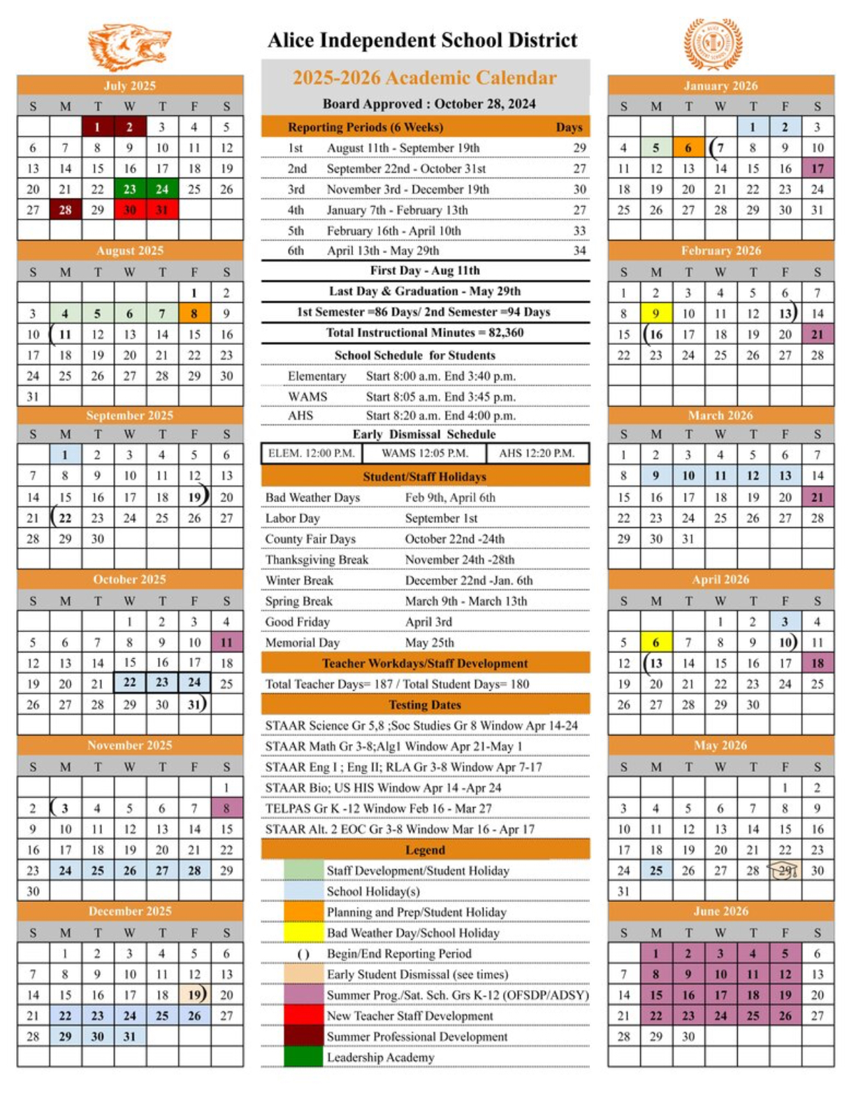 2025-2026 Alice ISD Academic Calendar