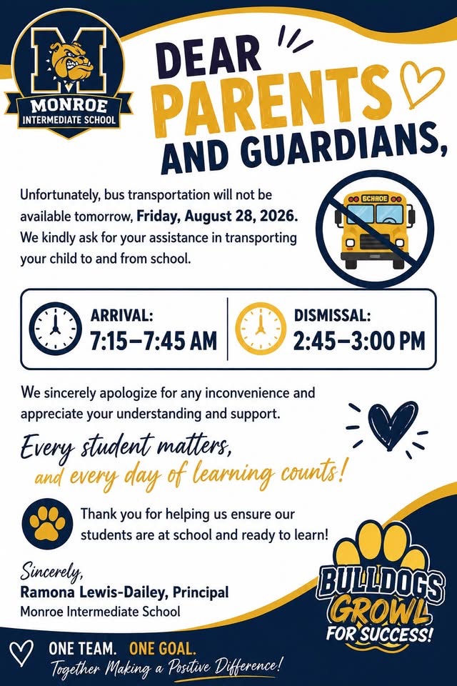 Graphic of an important alert to parents making them aware of school bus transportation being unavailable on 8/28/26.