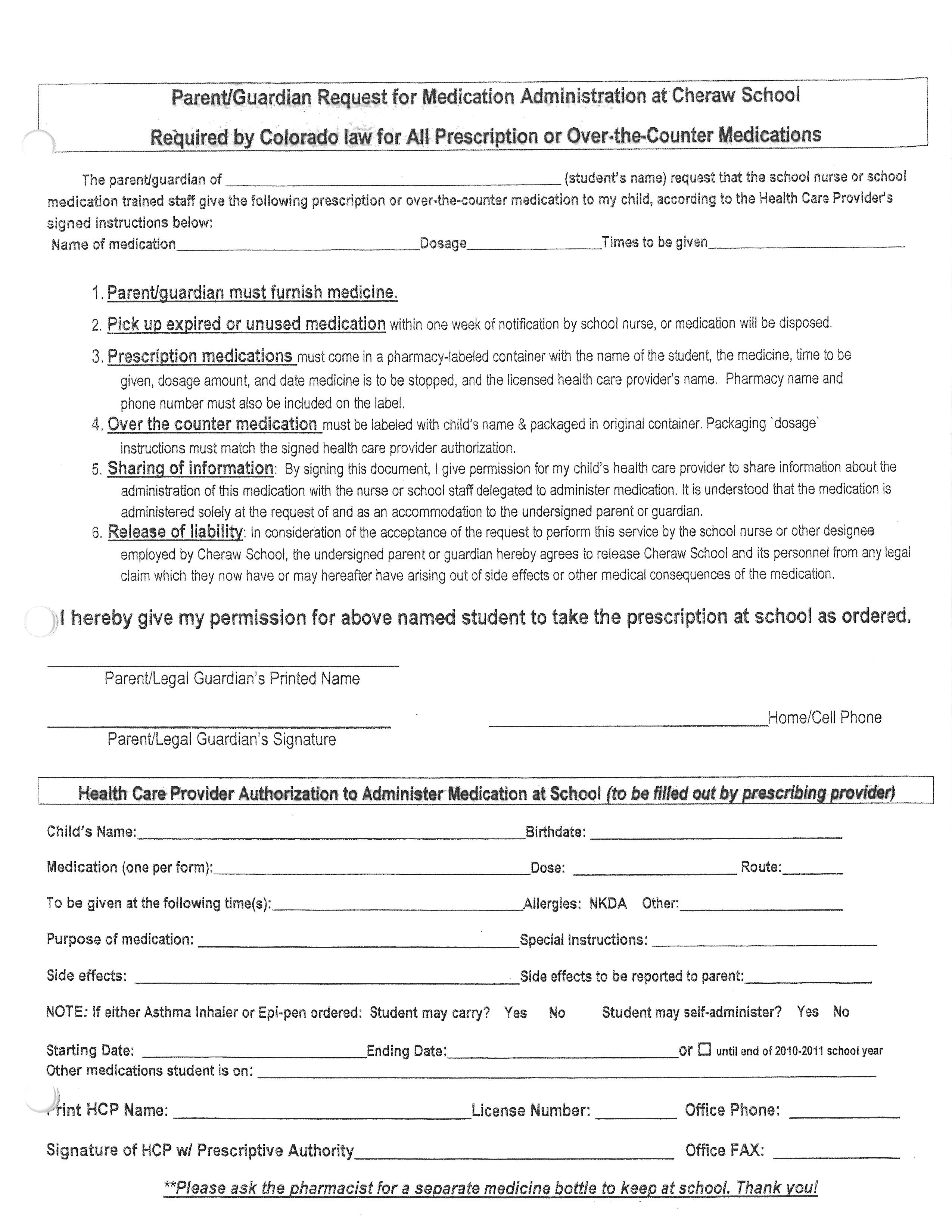 Cold and Flu Season medication administration form