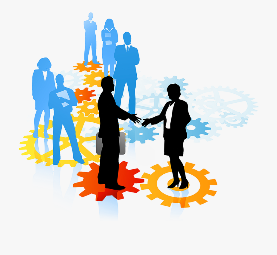Silhouettes of professionals connecting and collaborating over colorful gears representing career opportunities and teamwork.