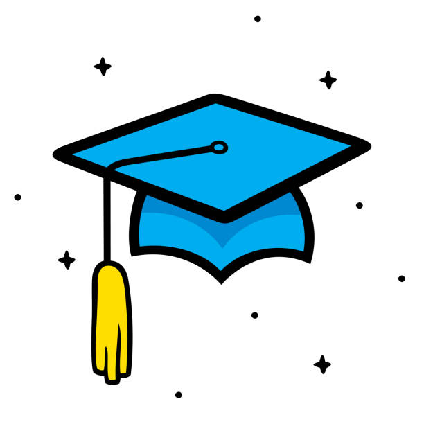 blue graduation cap with yellow tassel surrounded by sparkles