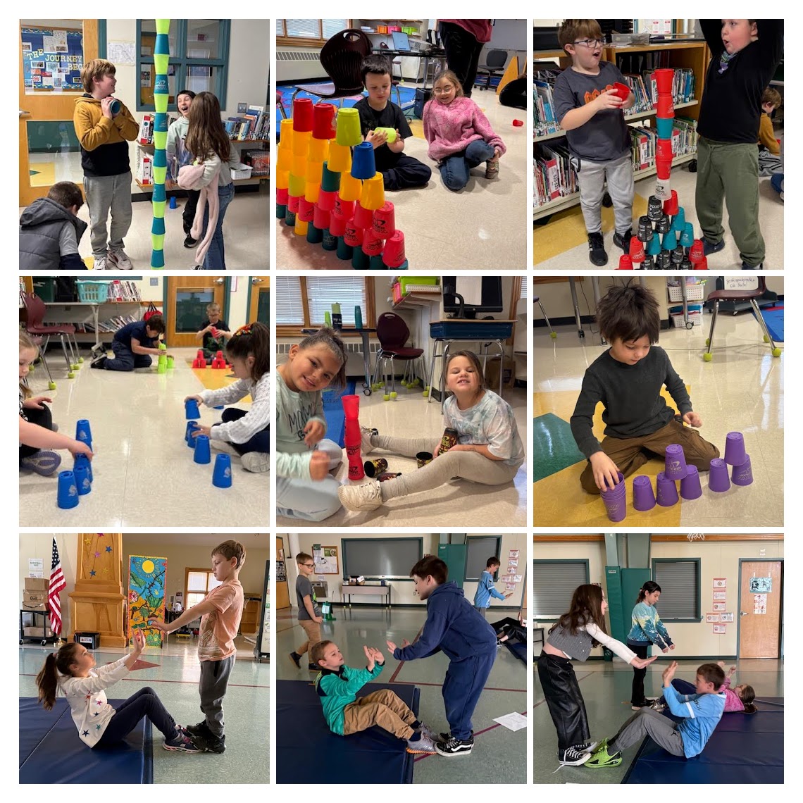 students stacking cups and doing situps
