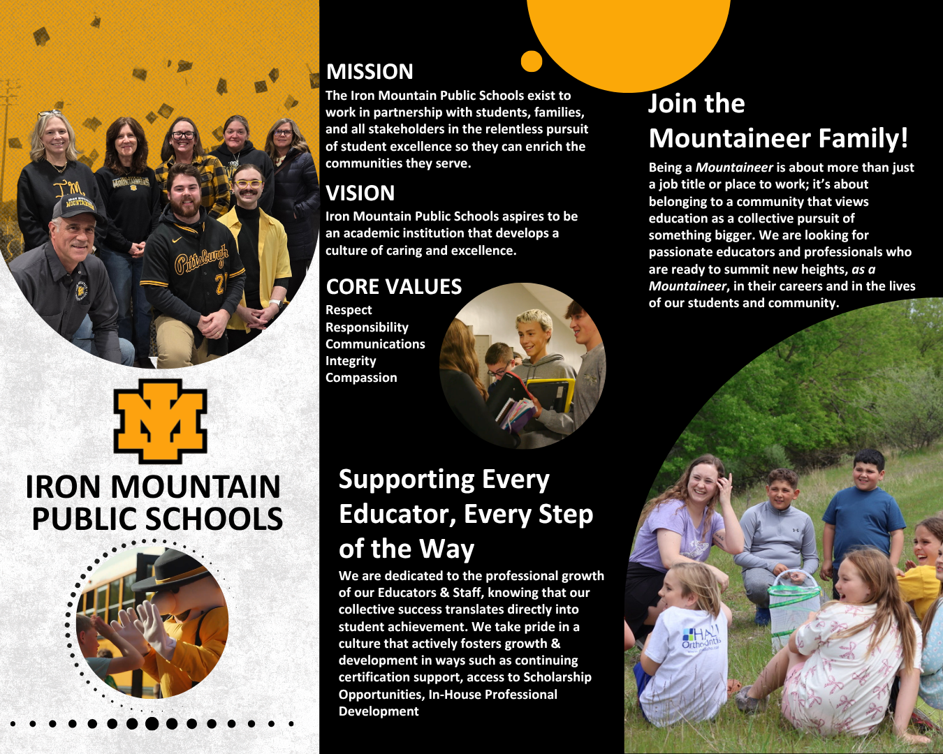 A recruitment graphic for Iron Mountain Public Schools titled "Join the Mountaineer Family!" The flyer features a group photo of smiling staff members, a close-up of a student-mascot interaction, and a group of students in a grassy field. It highlights the school's mission, vision, and core values: Respect, Responsibility, Communications, Integrity, and Compassion. The text emphasizes the school's commitment to professional growth and invites passionate educators to help students reach new heights.