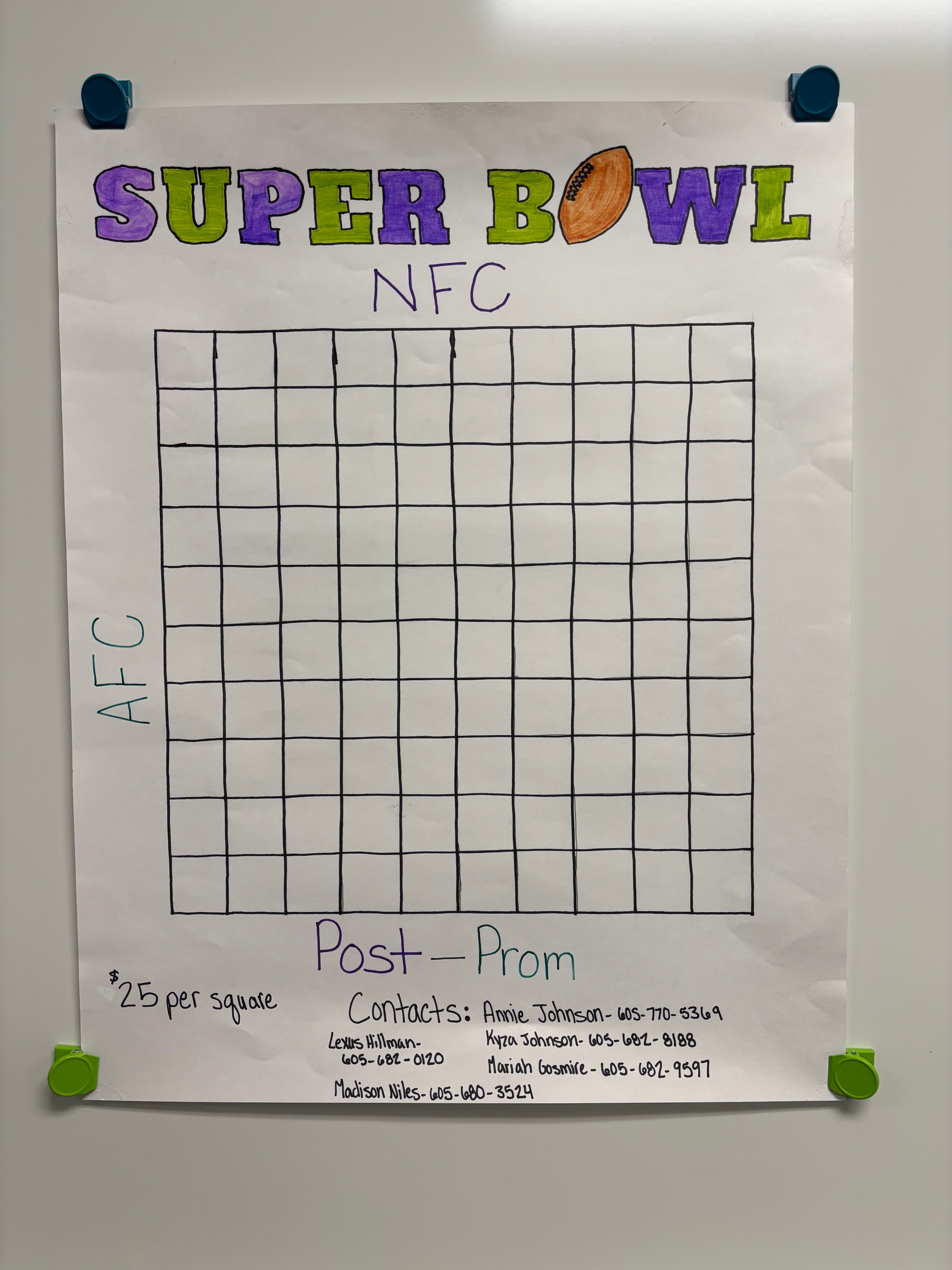 Post Prom Super Bowl Squares