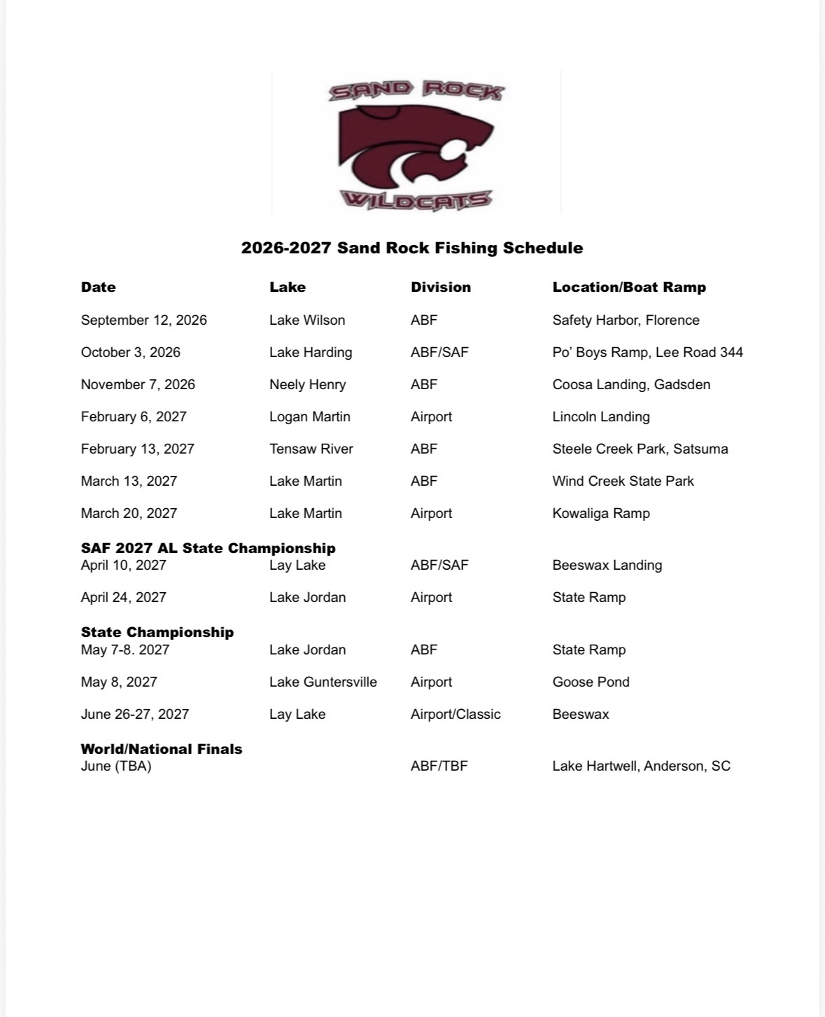 Fishing Team Schedule