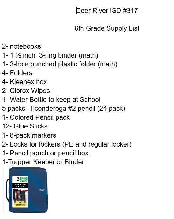 6th Grade Supply List