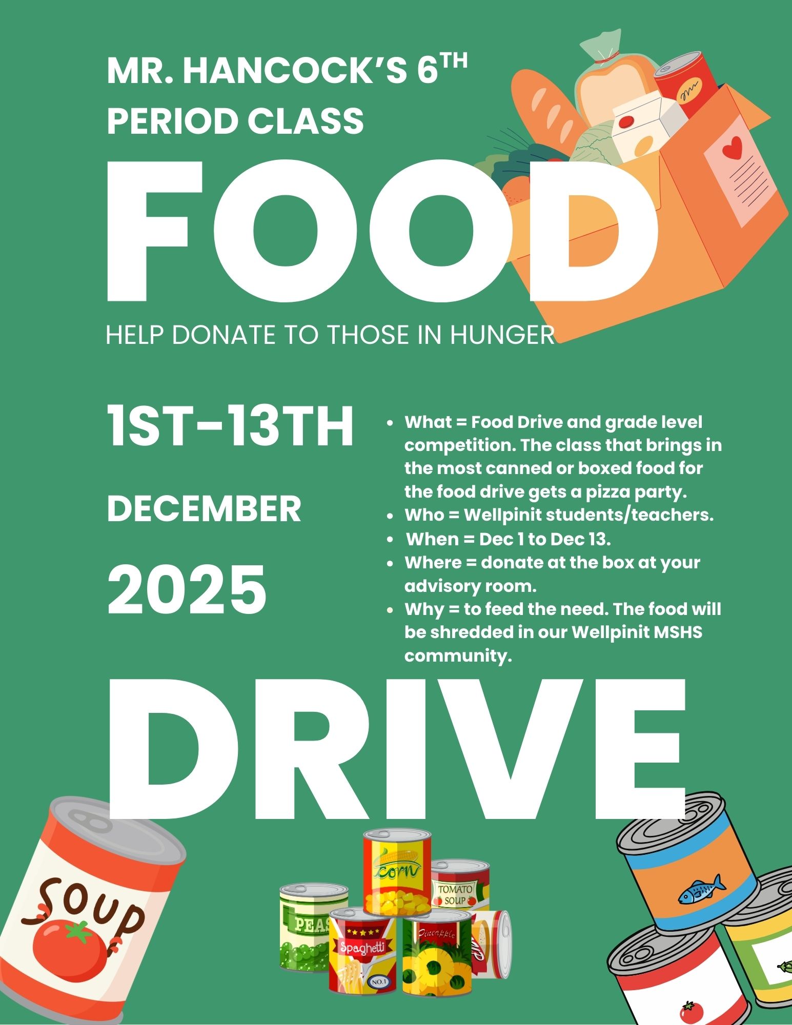 Flyer for The canned food drive from December 1st-13th at the MS/HS