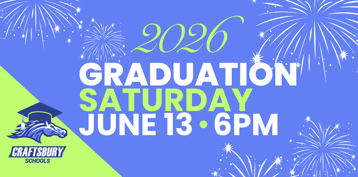 Craftsbury logo with graduation cap, fireworks in background