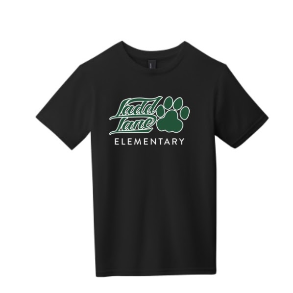 Ladd Lane Elementary tshirt with "Ladd Lane" written next to a paw print and then "elementary" underneath it