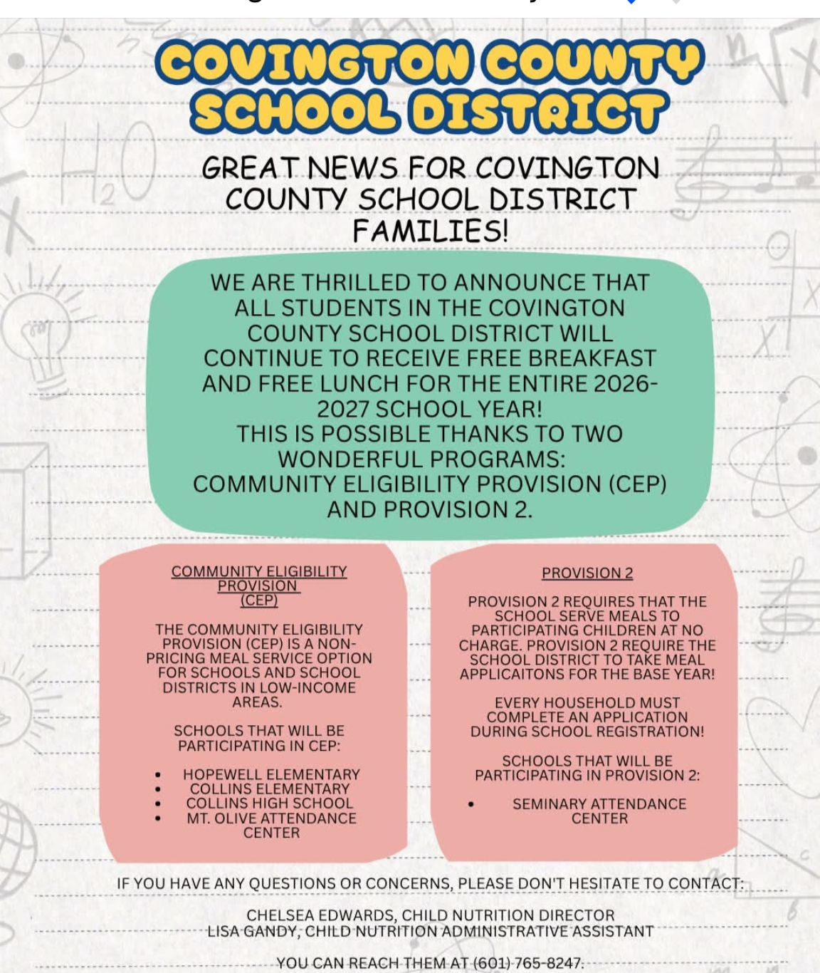 FREE breakfast and FREE lunch 2026-2027