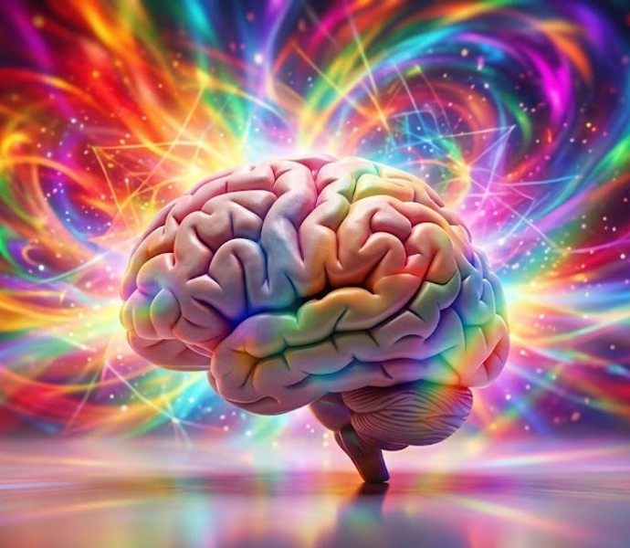 A brain on an open plain with rainbow lights swirling around it
