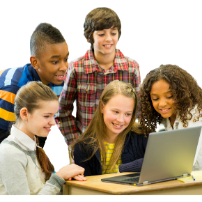 image of students smiling at computer screen