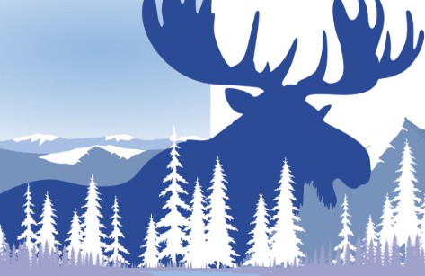Mountains with forest scene with large blue moose