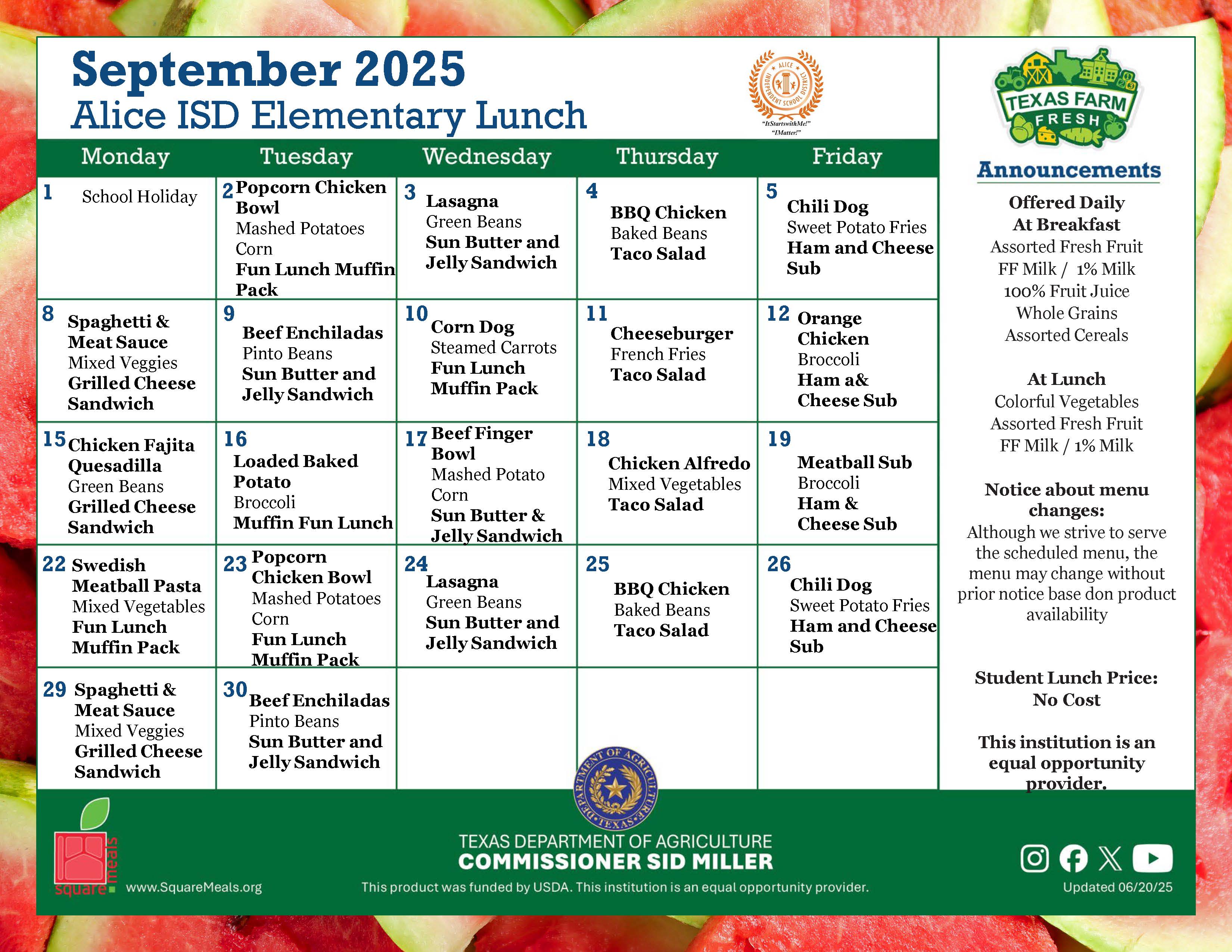 August elementary Lunch