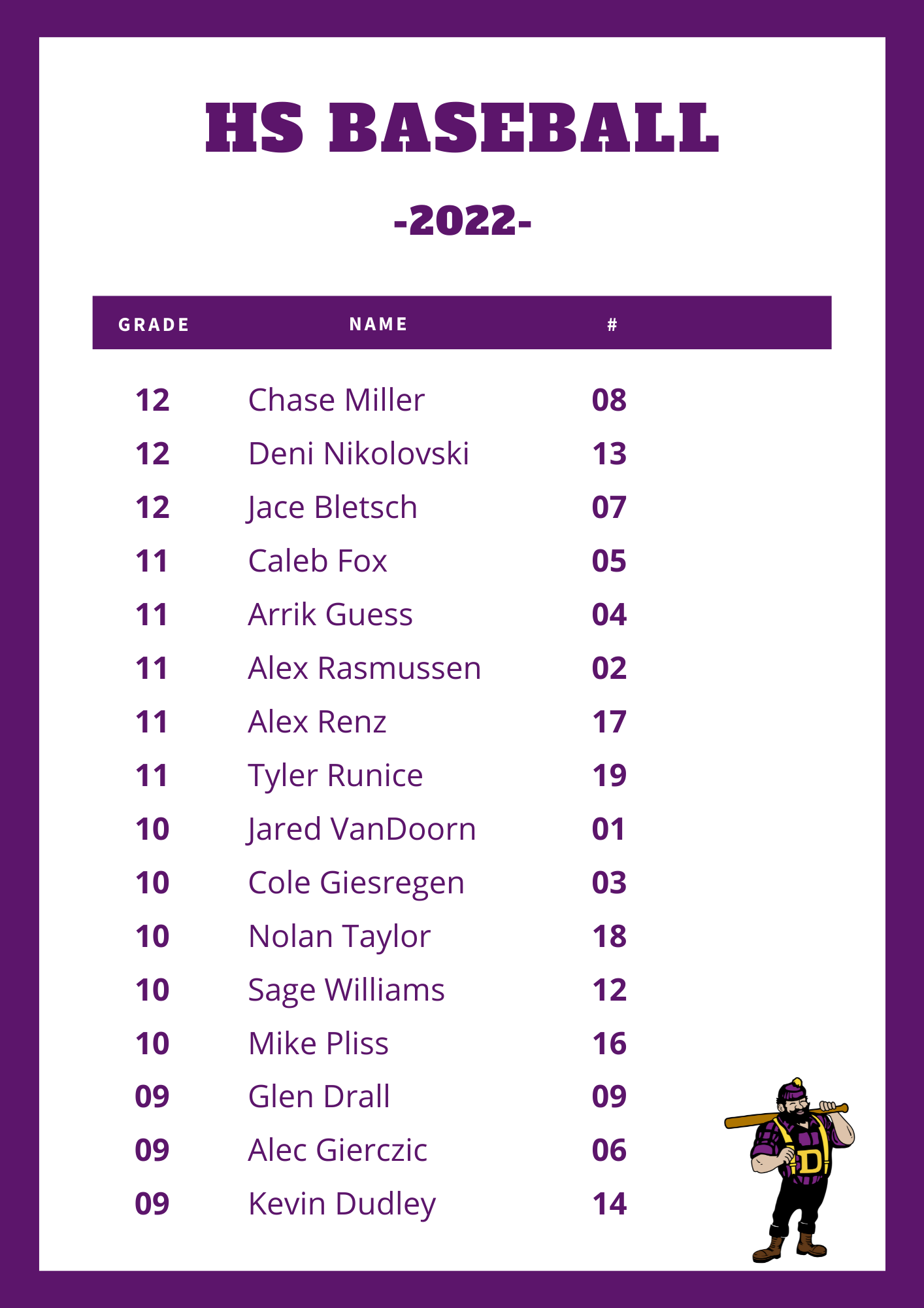 High school baseball roster
