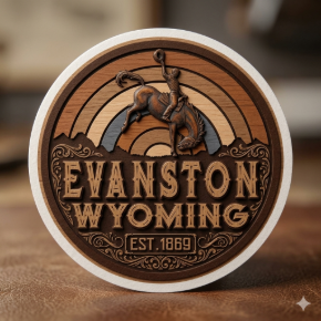 Wooden coin with Evanston WY image