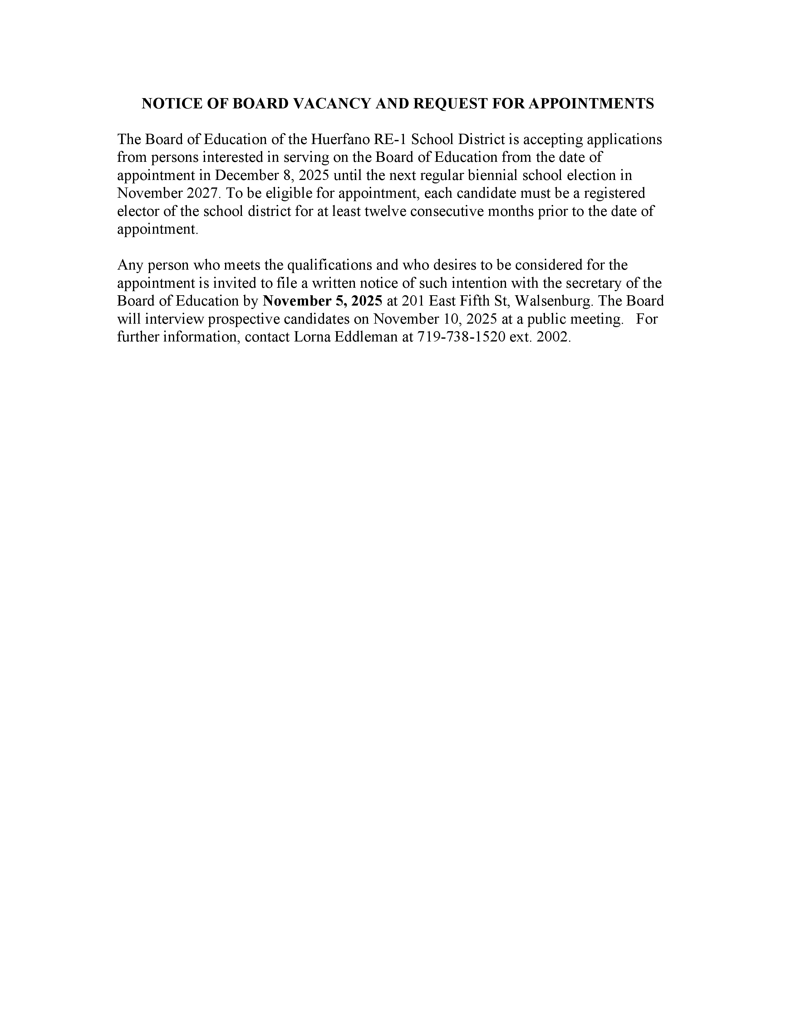 NOTICE OF BOARD VACANCY AND REQUEST FOR APPOINTMENTS