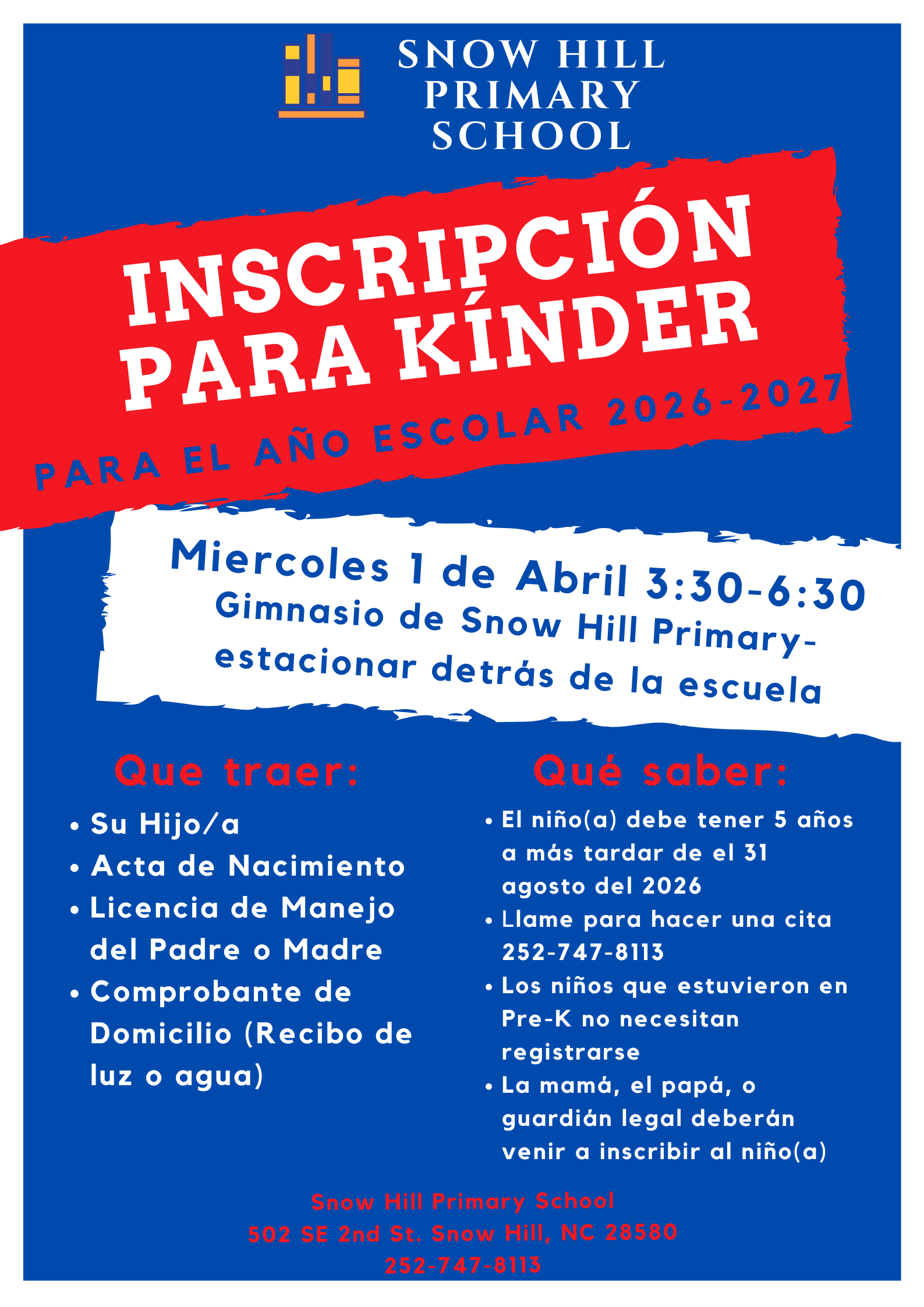 2026-2027 Kindergarten Registration Flyer - Spanish