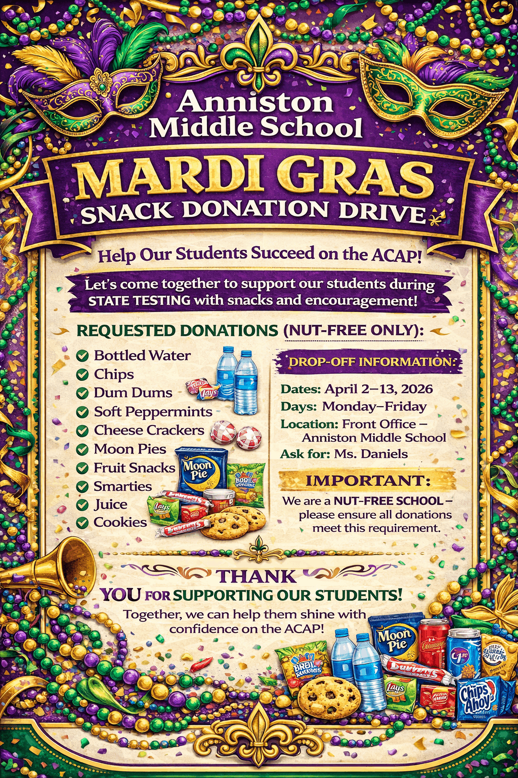Flyer for donating snacks and drinks for students taking the ACAP test