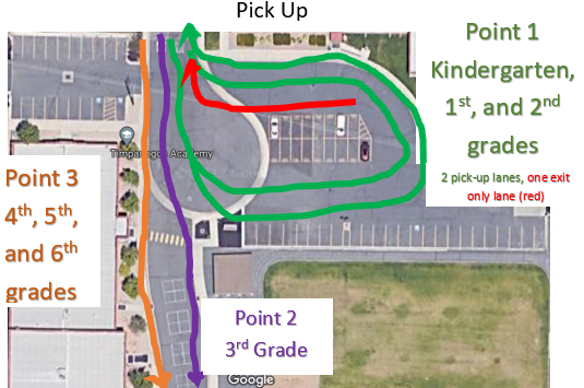 Pick up location Map. Location of the Youngest child: East building grades K-2, pavilion grade 3, West building grades 4-6